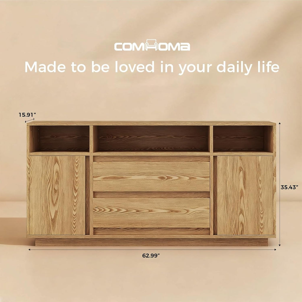 63 Inch Natural Solid Wood Sideboard With Drawers Storage-1
