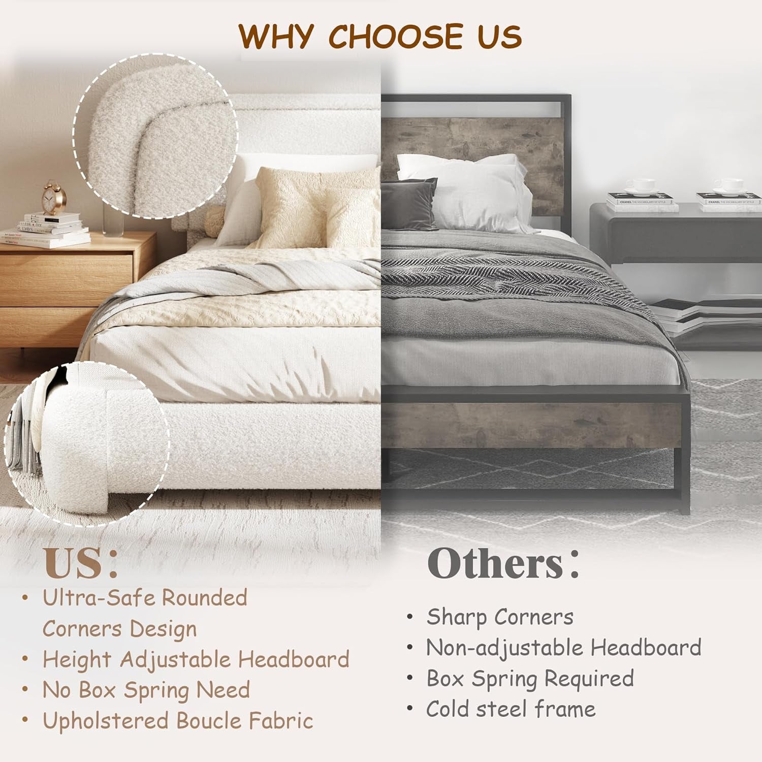 King Boucle Snow White Height Adjustable Platform Bed-2