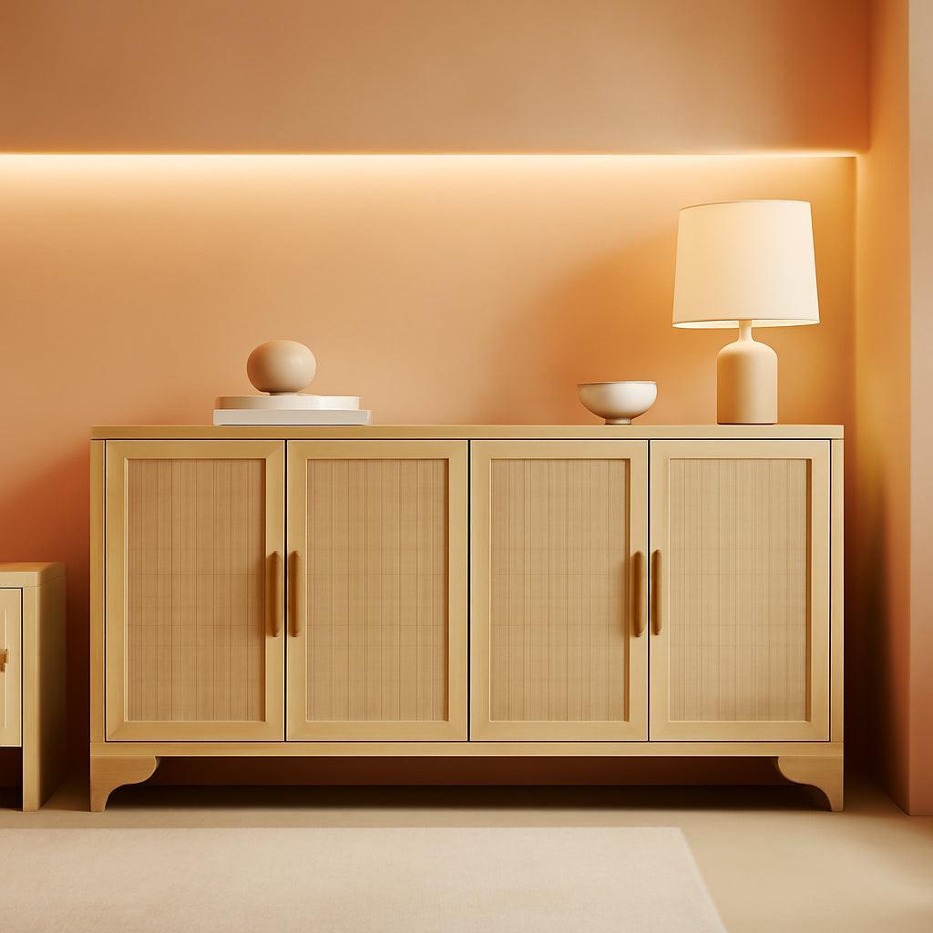 Natural Rattan Four Door Sideboard Cabinet Engineered Wood-0