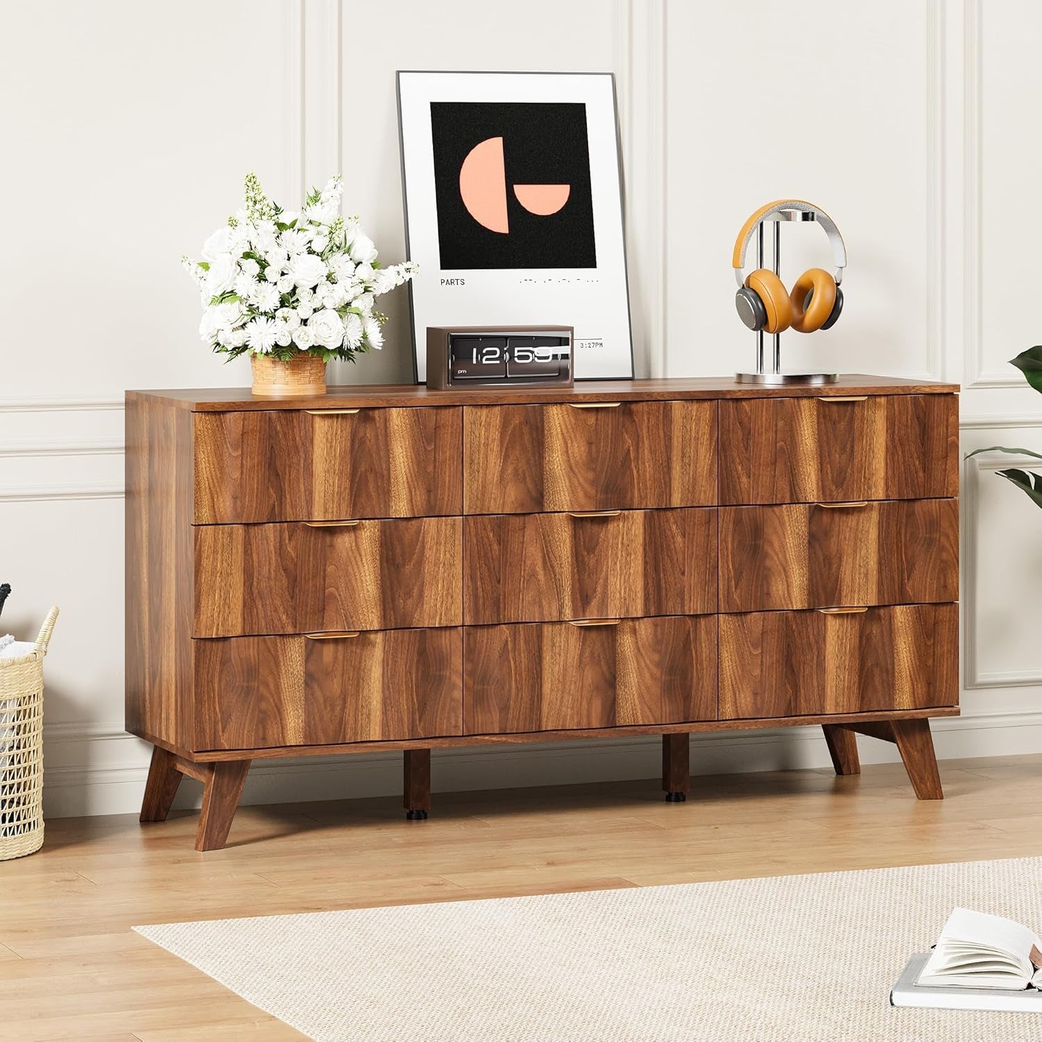 Walnut 9 Drawer Dresser With Fluted Fronts For Bedroom-3