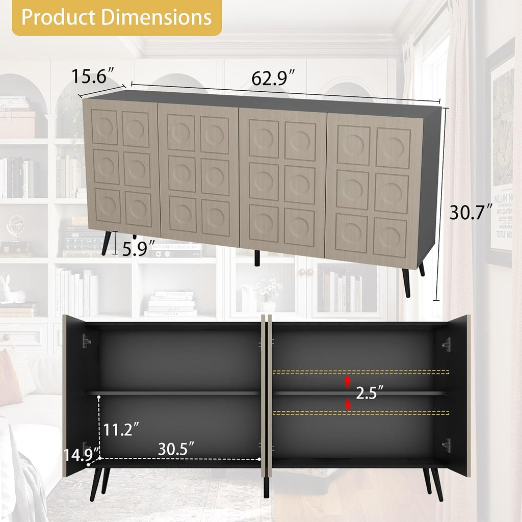 63 Inch Oak And Black Mid Century Modern Sideboard-1
