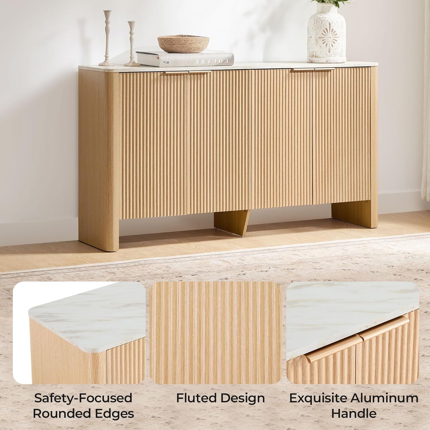 61 Inch Oak Sideboard Cabinet With Adjustable Shelves-4
