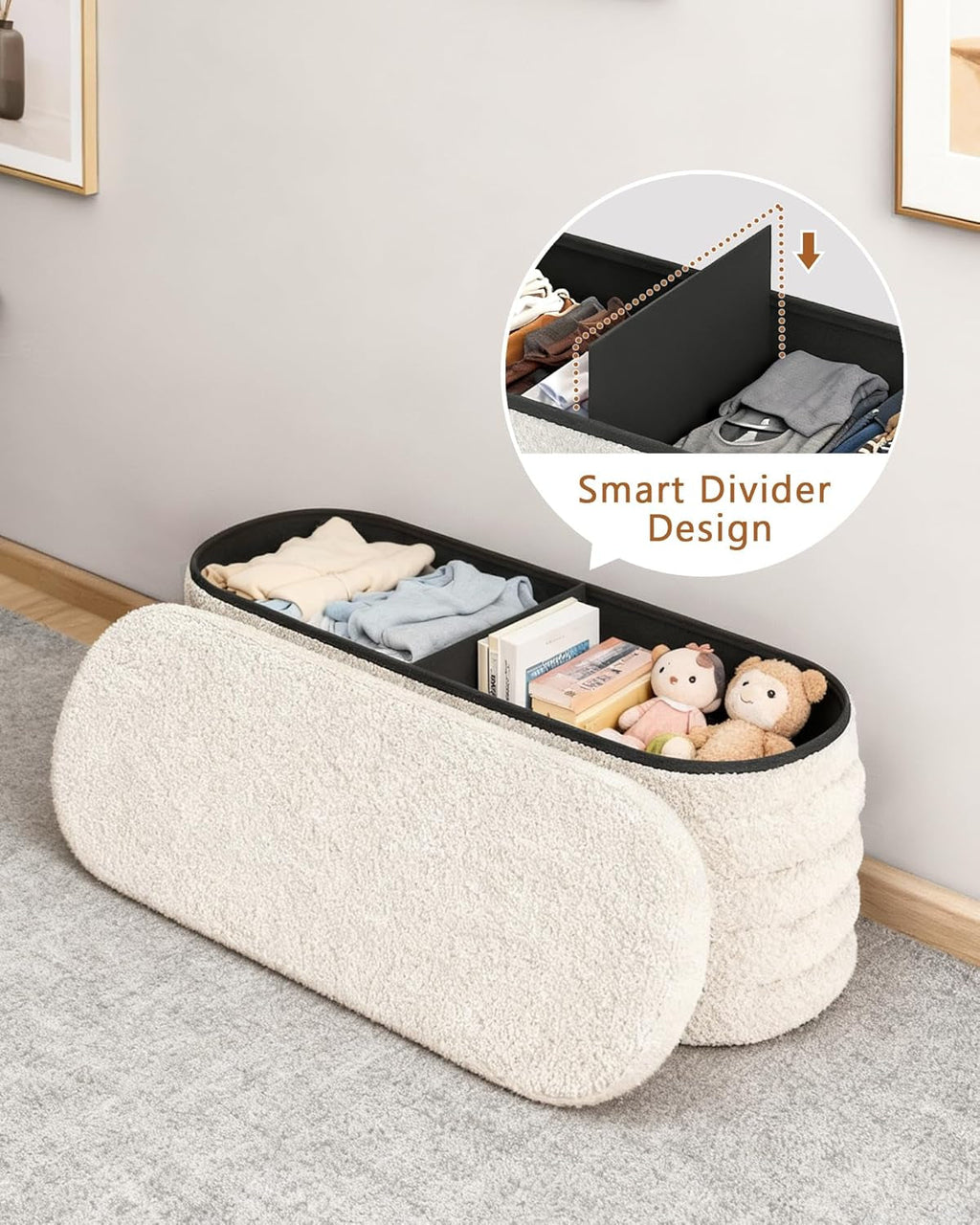 43 Inch SherpaWhite Upholstered Storage Ottoman Bench-1