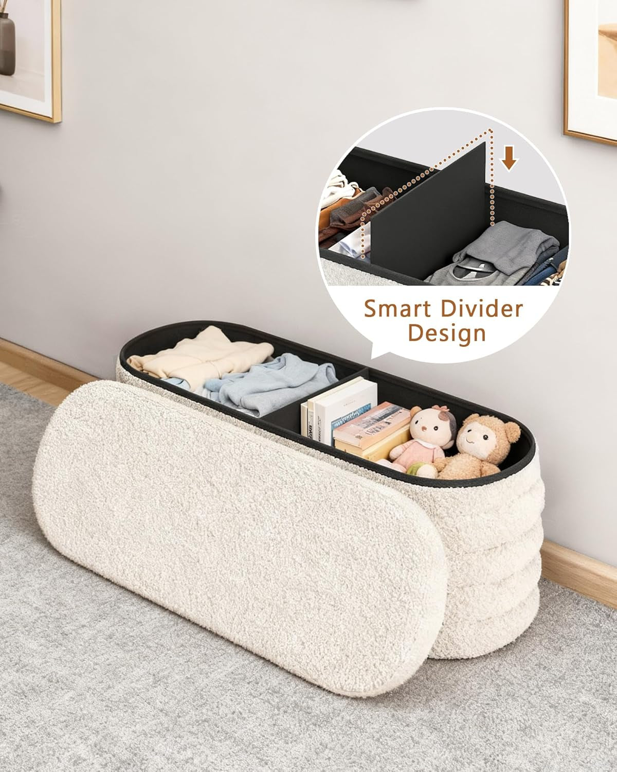 43 Inch SherpaWhite Upholstered Storage Ottoman Bench-1