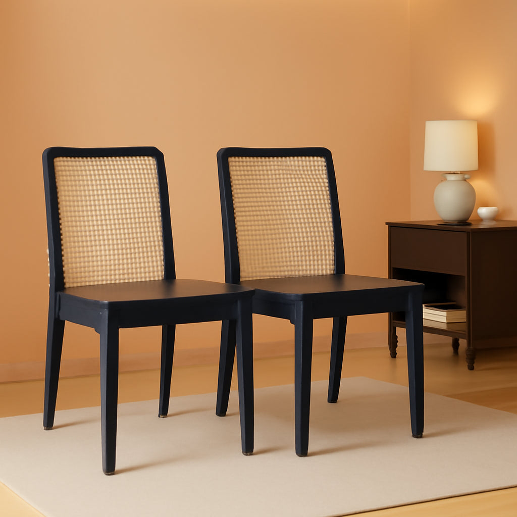 Dining Chairs Set Of 2 Black Natural Rattan Back For Dining Room-0
