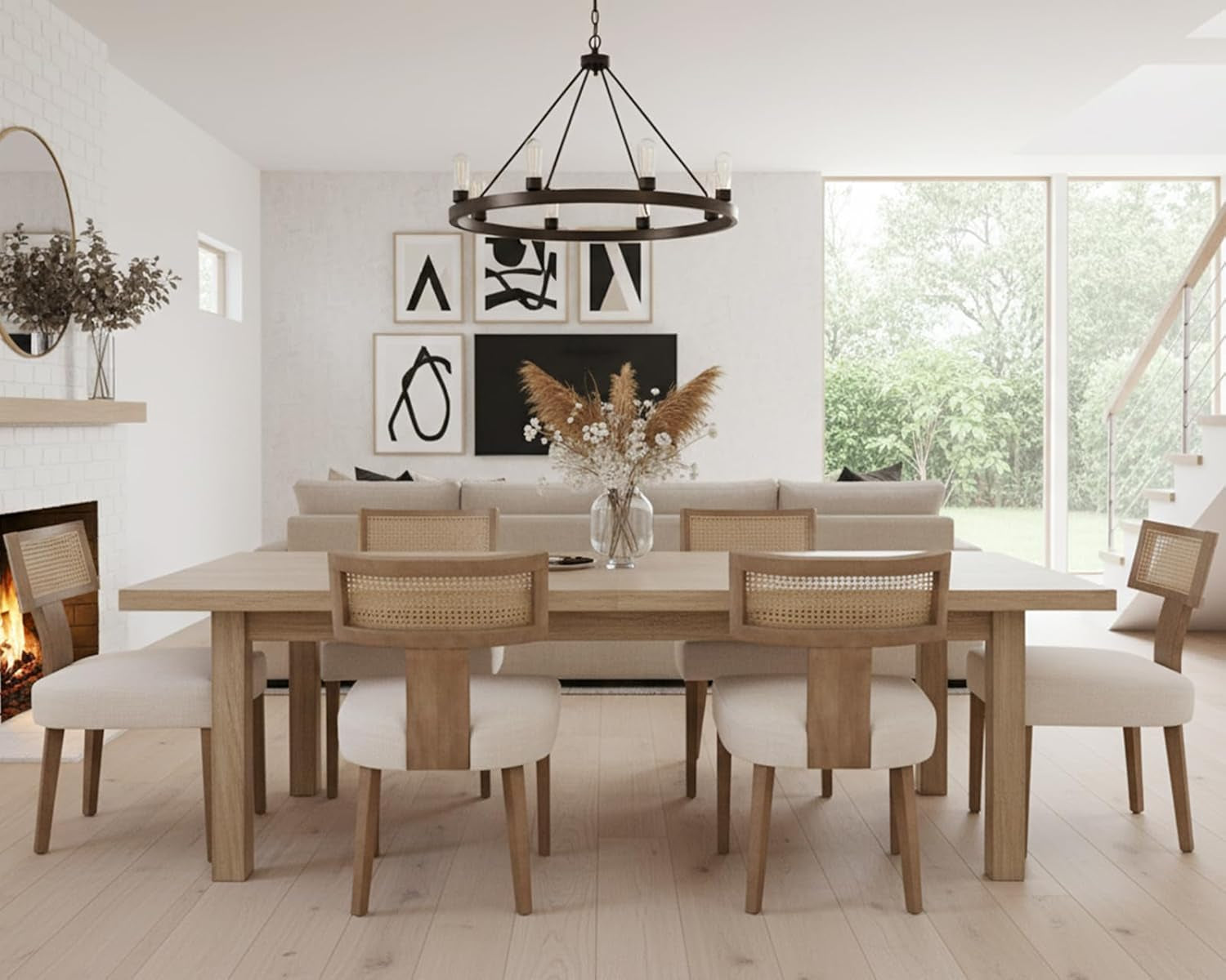 Beige Mid Century Rattan Dining Chairs Upholstered-4