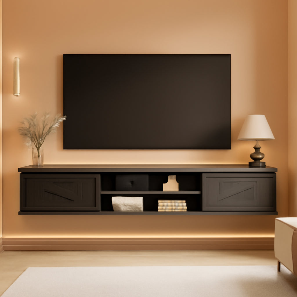 Seventy Inch Floating TV Stand Featuring Doors Black