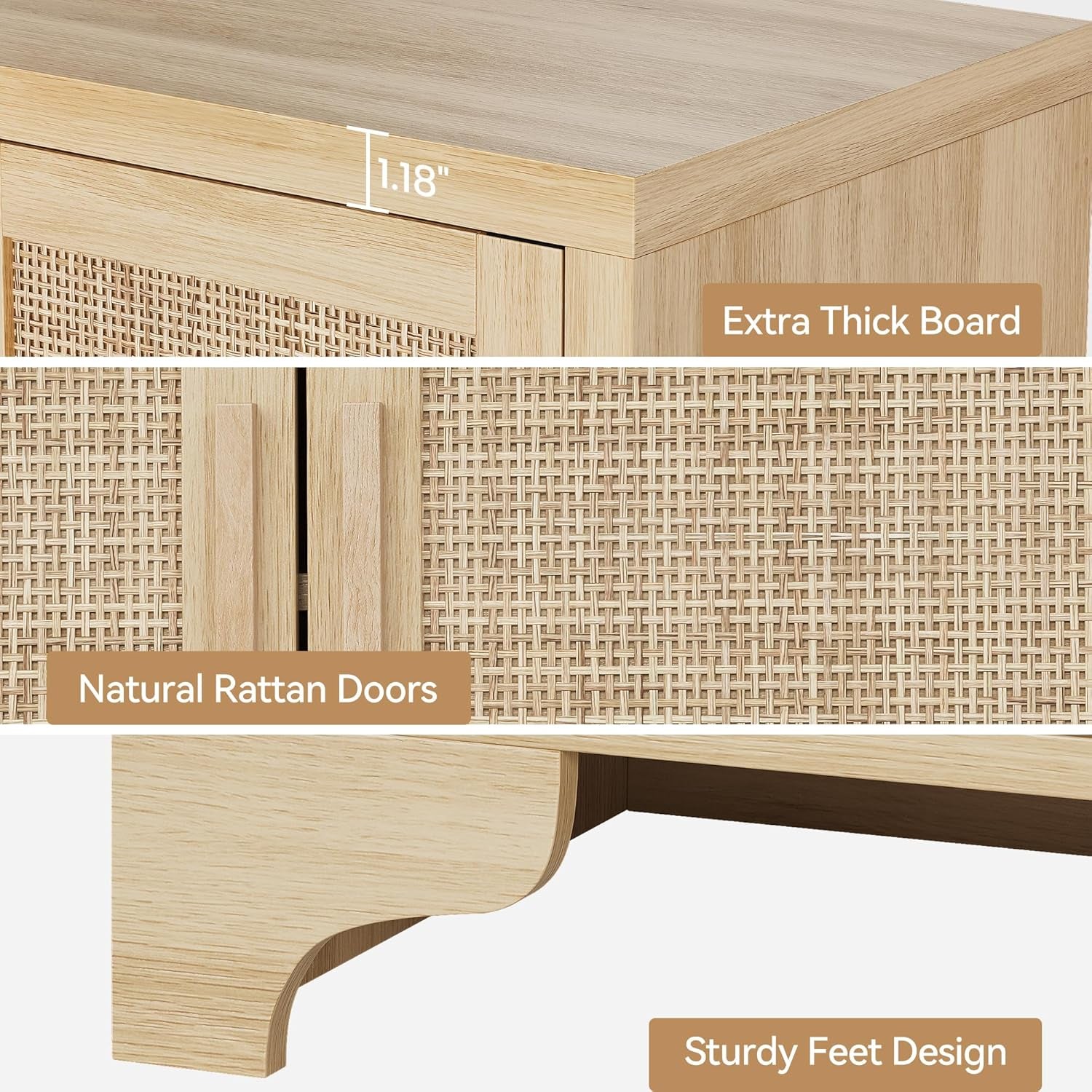 Natural Rattan Four Door Sideboard Cabinet Engineered Wood-4