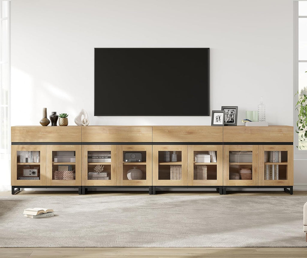 Oak TV Stand With Glass Doors Entertainment Console Center-2
