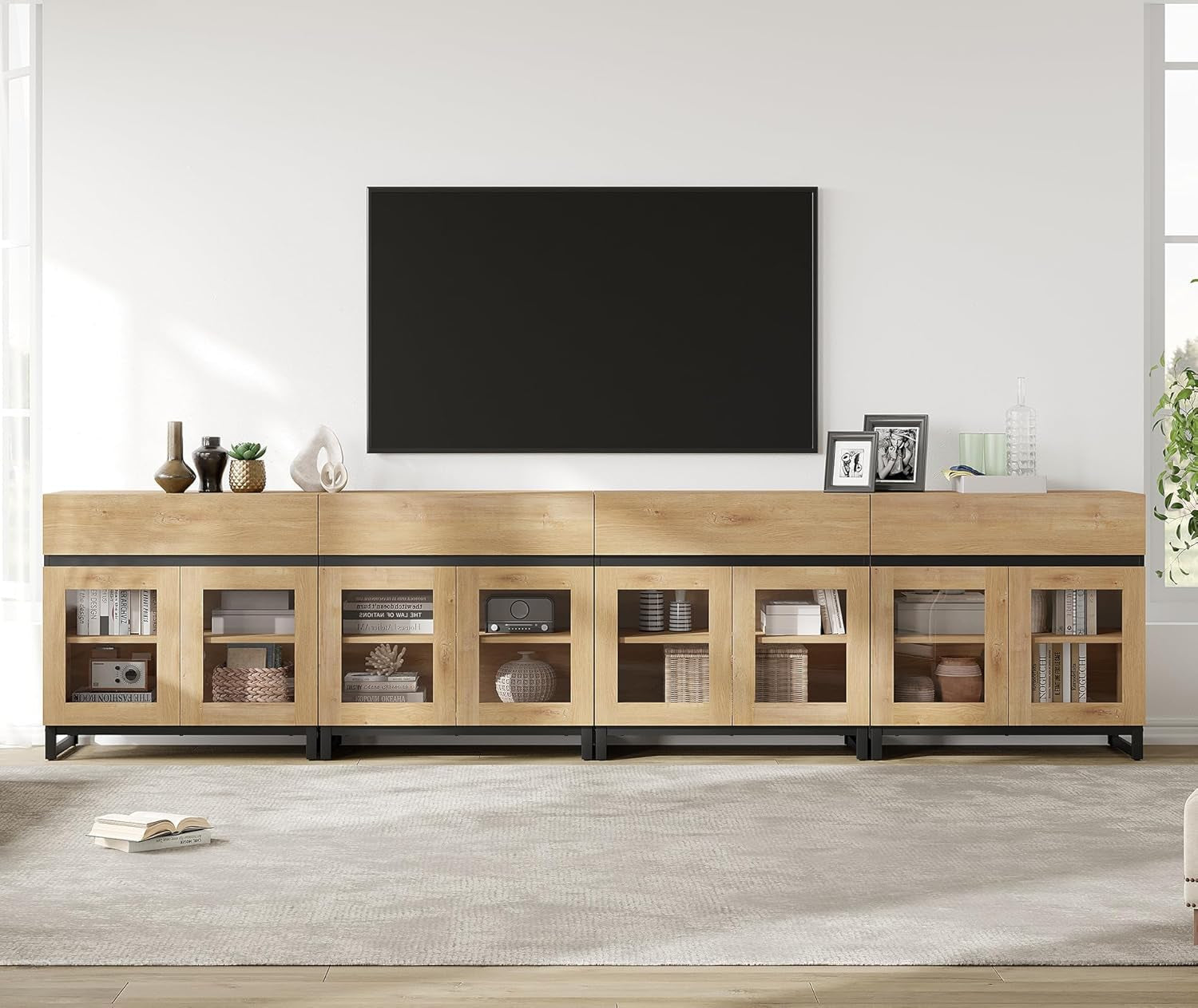 Oak TV Stand With Glass Doors Entertainment Console Center-2