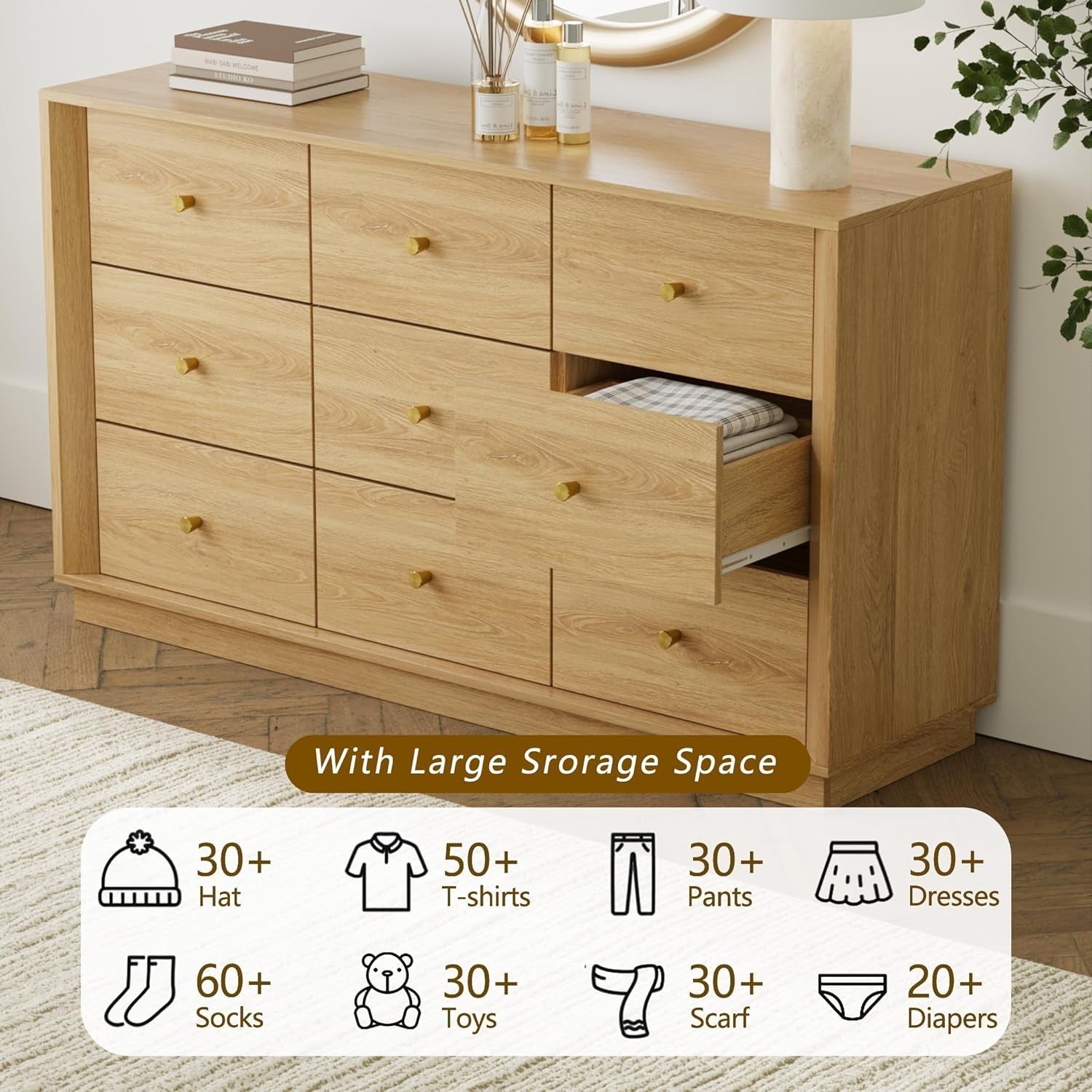 Nine Drawer Dresser 55 Inch Golden Oak UltraWoodgrain-2