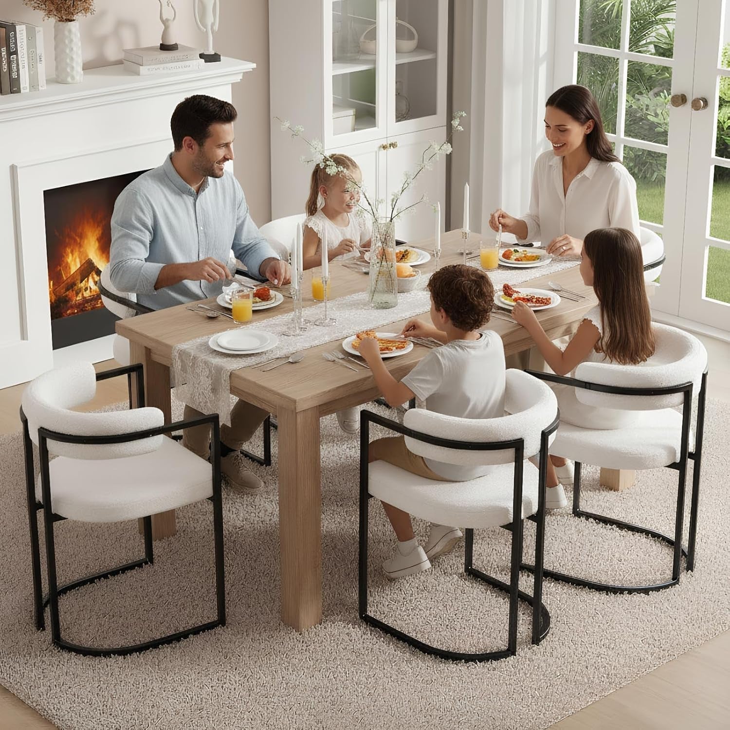 White Sherpa Upholstered Barrel Dining Chairs Pair-2