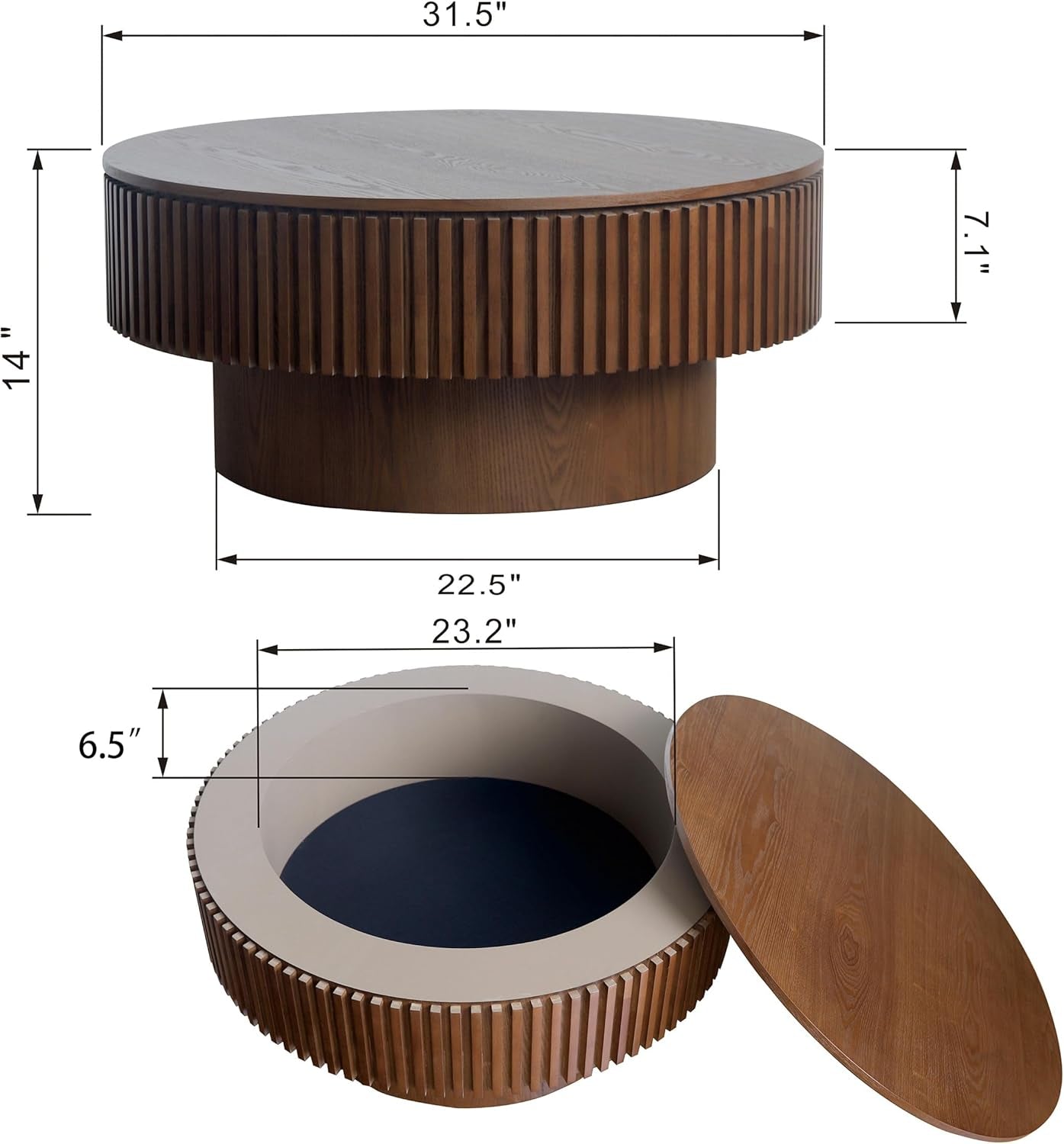 Walnut Round Coffee Table With Hidden Storage Compartment-2