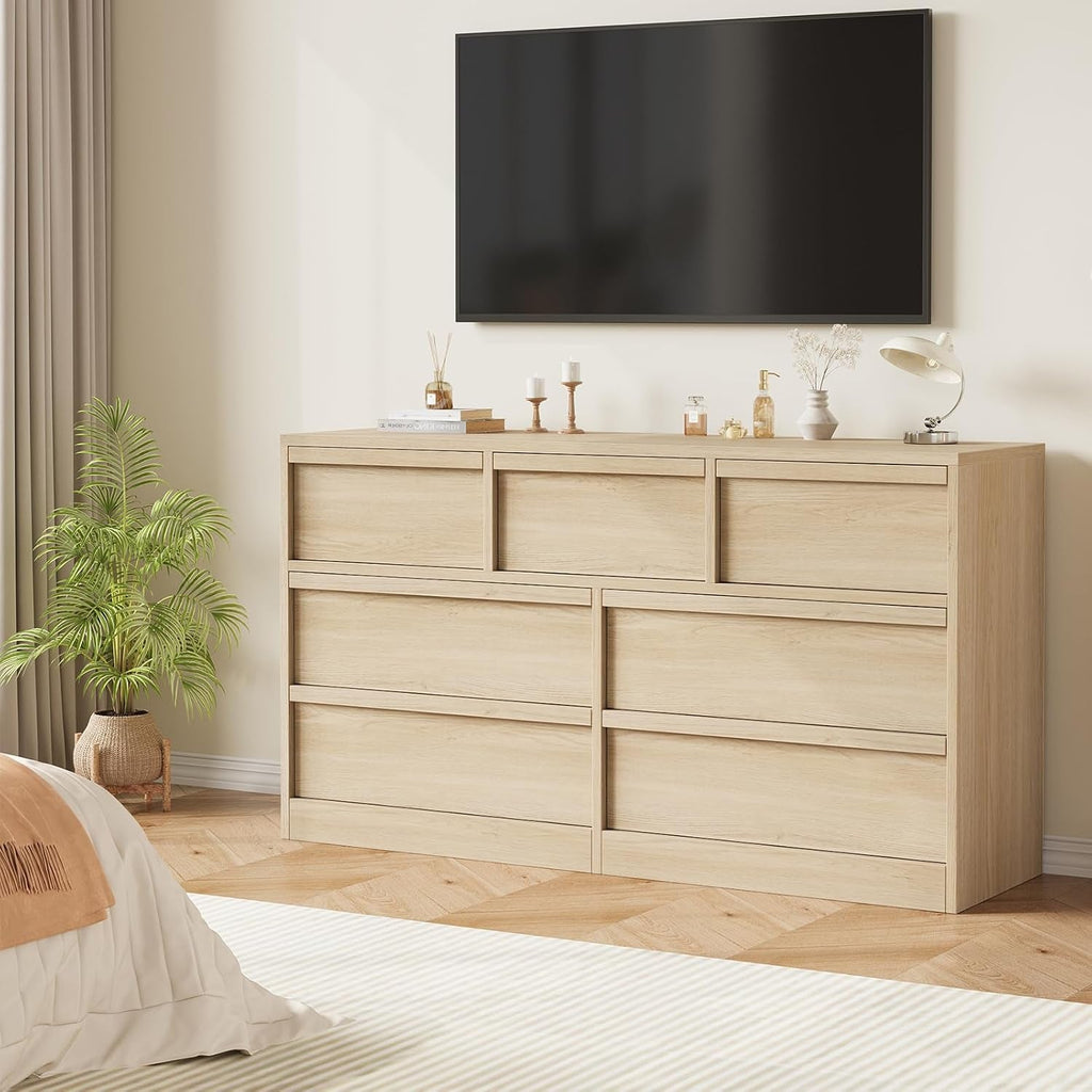 54 Inch Premium Oak Finish Seven Drawer Solid Wood Storage Top Dresser-2