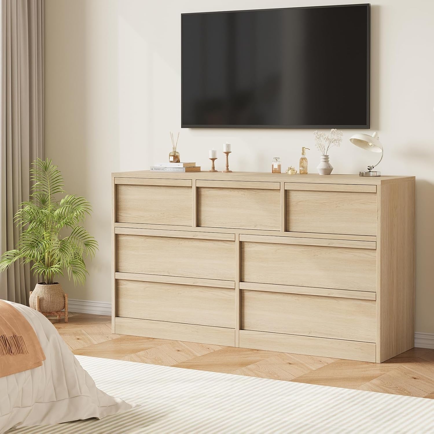 54 Inch Premium Oak Finish Seven Drawer Solid Wood Storage Top Dresser-2