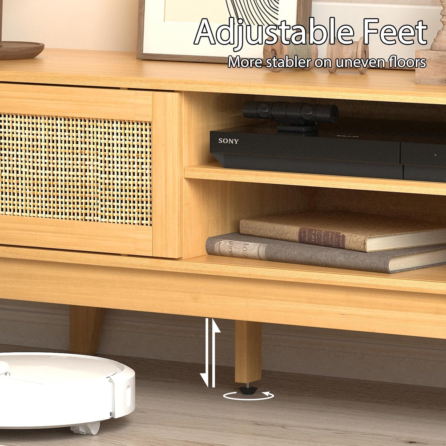 55-65 Inch Boho Rattan TV Stand Sliding Cabinet Doors-4