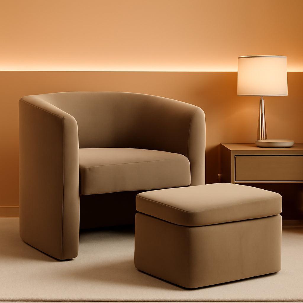 Khaki Velvet Barrel Chair With Storage Ottoman Compact-0