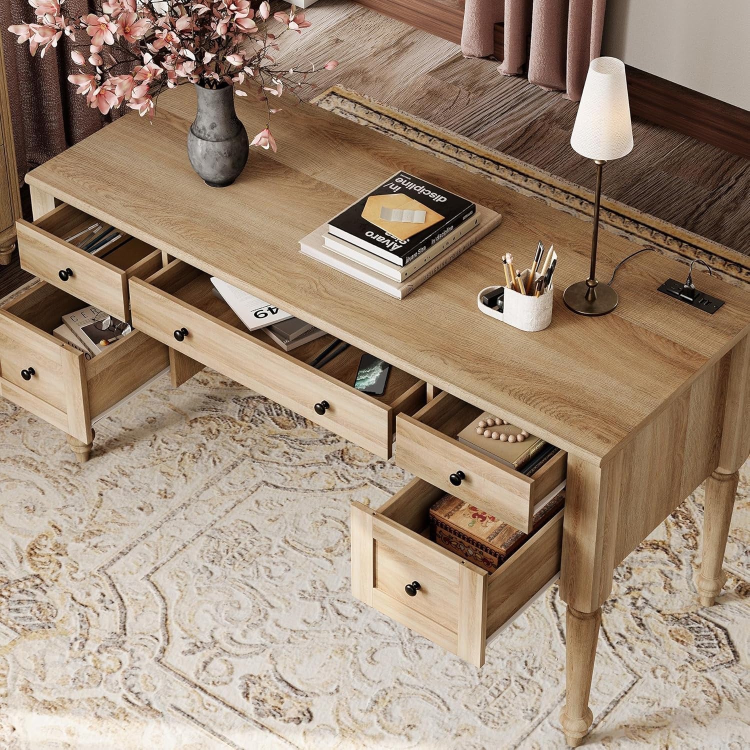 Oak Executive Workstation Set With Wireless Charging-3