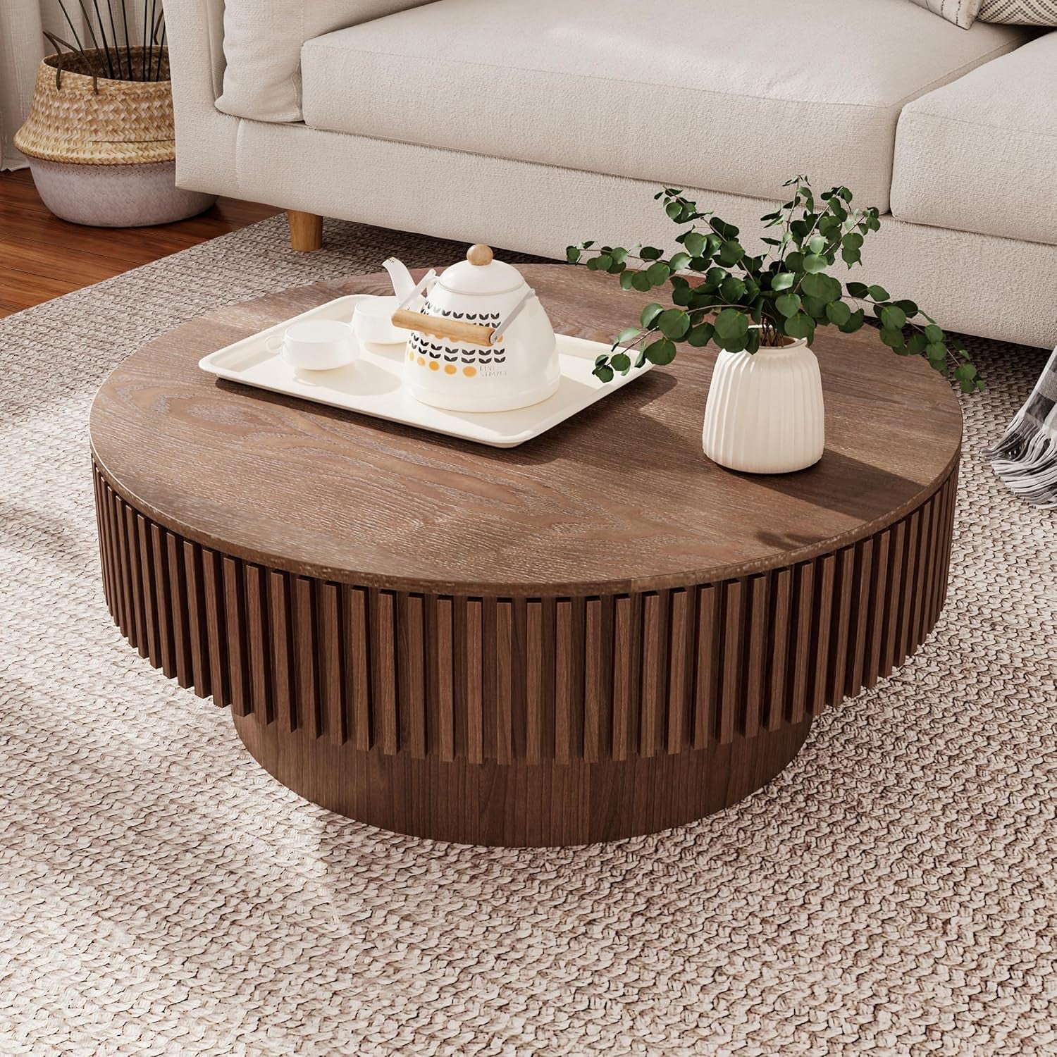 Walnut Round Coffee Table With Hidden Storage Compartment-3