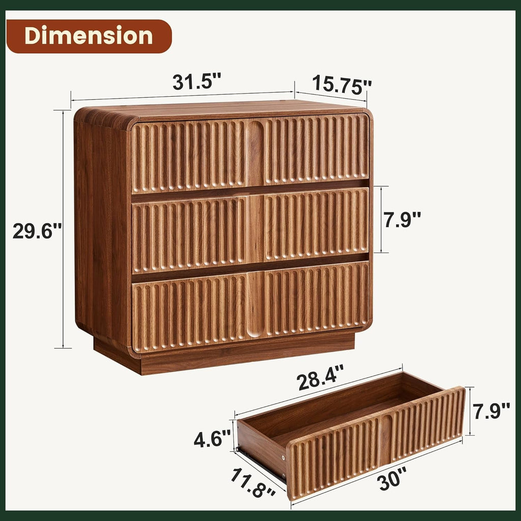 Walnut Fluted Three Drawer Dresser 31 Inch Wide Storage-1