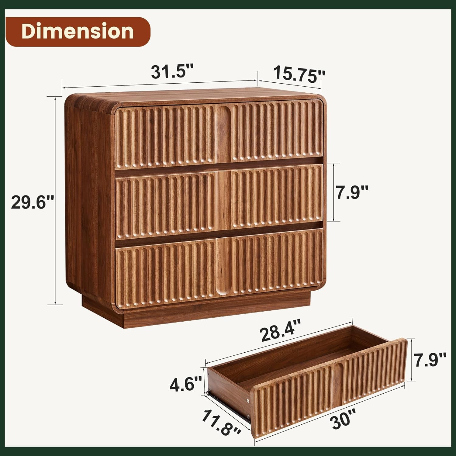 Walnut Fluted Three Drawer Dresser 31 Inch Wide Storage-1