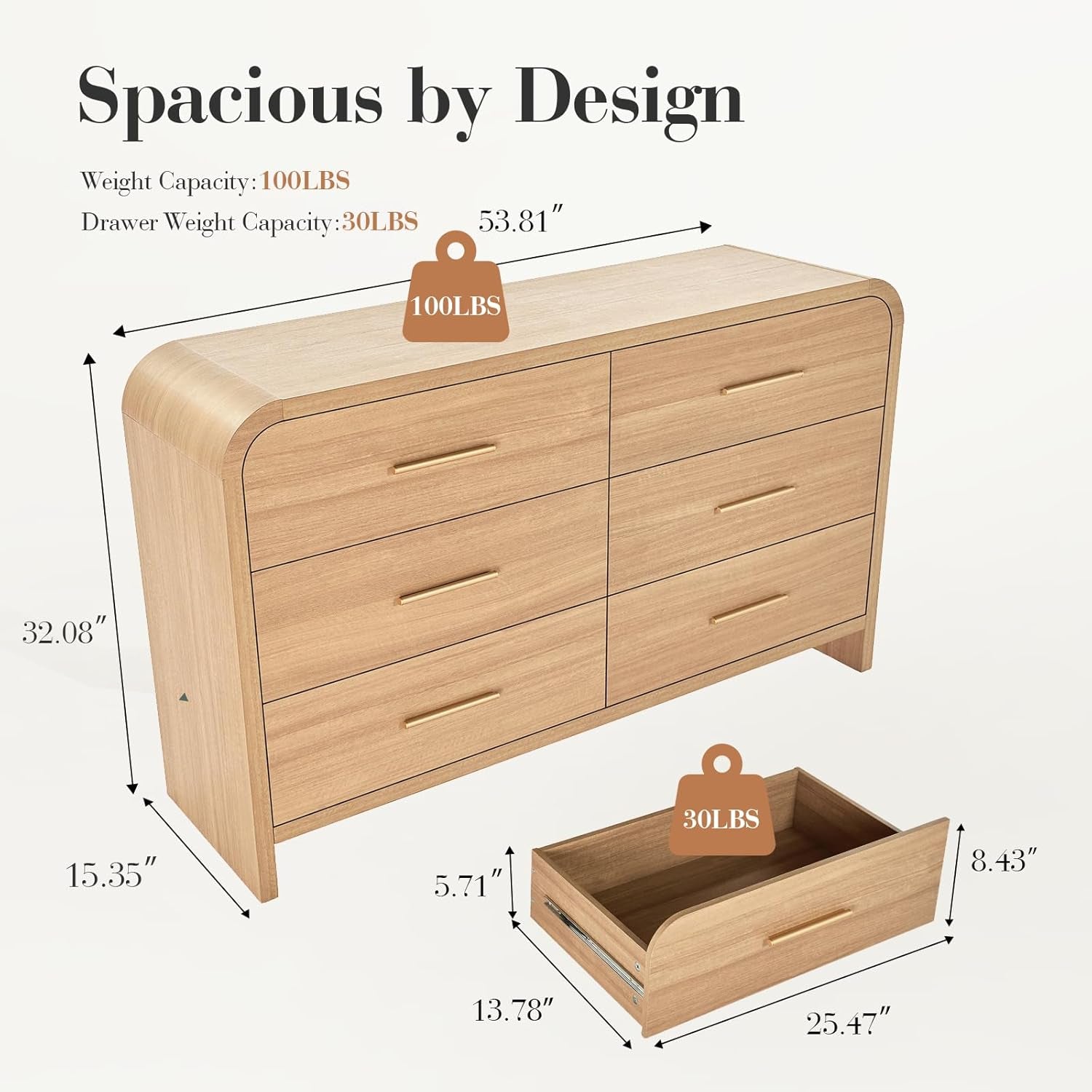 Curved Dresser 54Inch Oak Finish Contemporary Storage-1