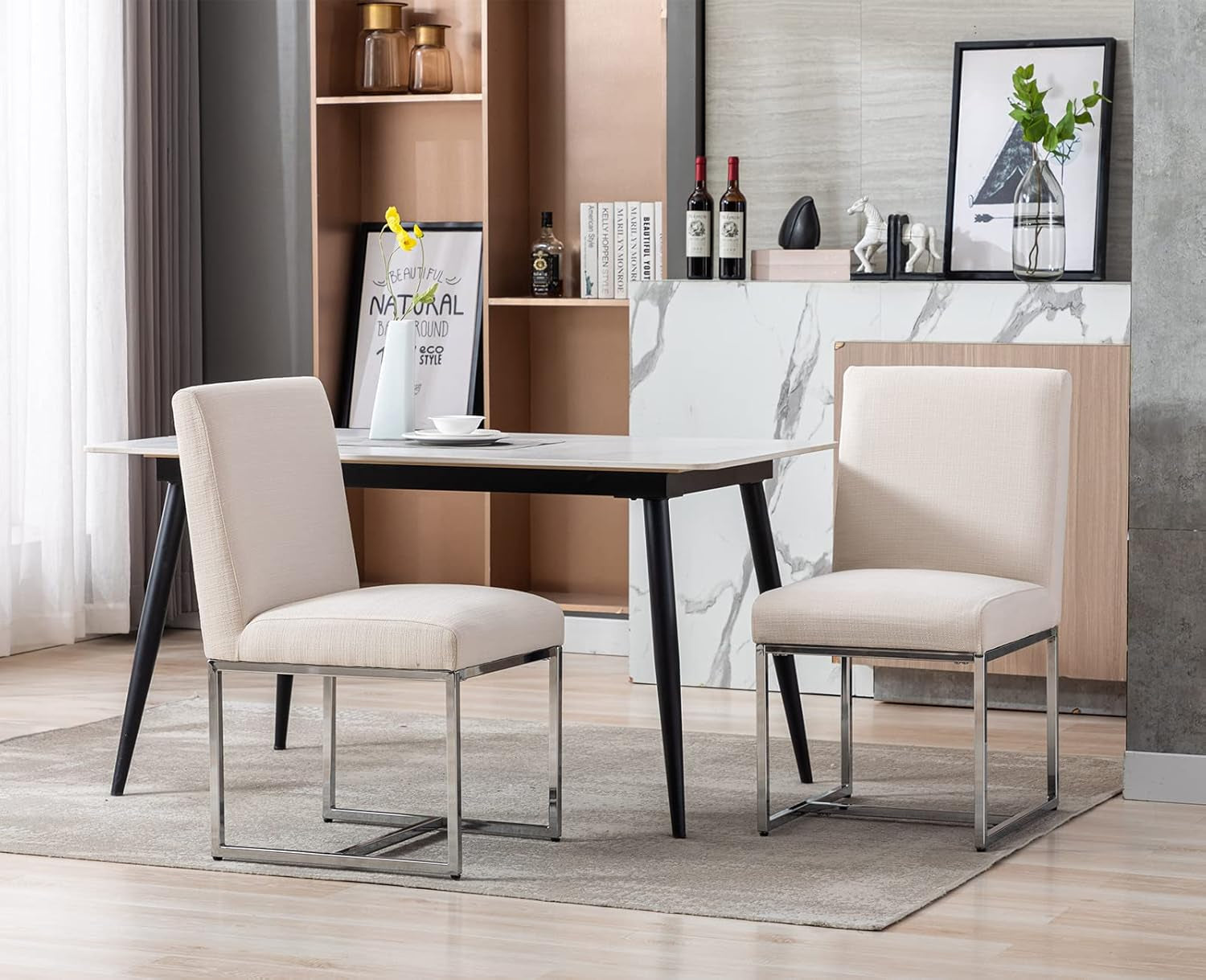 Cream Upholstered Modern Dining Chairs Mid Century SetOf2-1