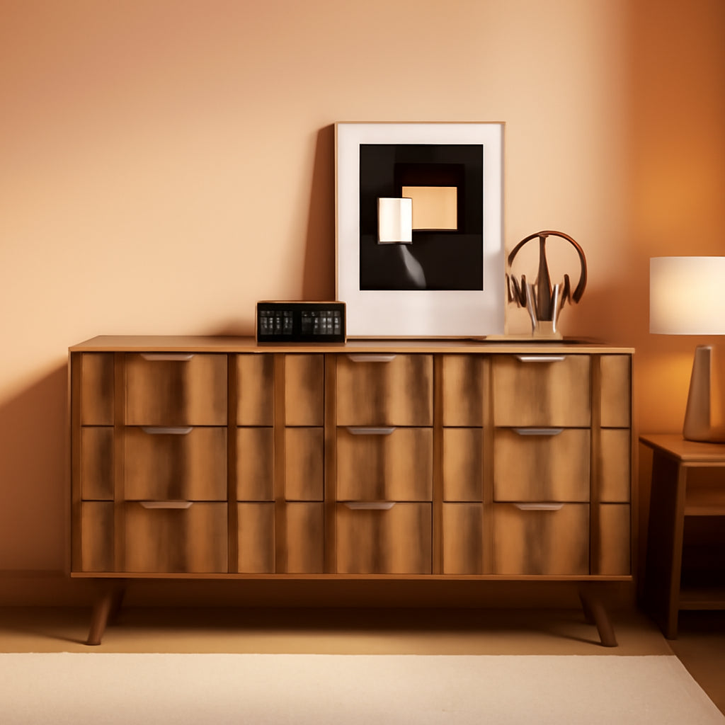 Walnut 9 Drawer Dresser With Fluted Fronts For Bedroom-0