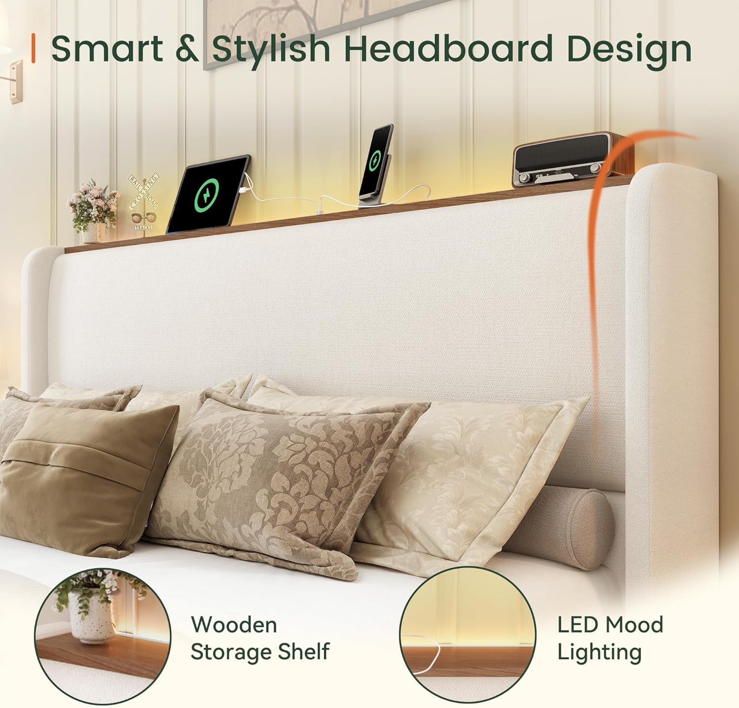 Queen Size Upholstered Bed Frame With LED Lights And USB-4