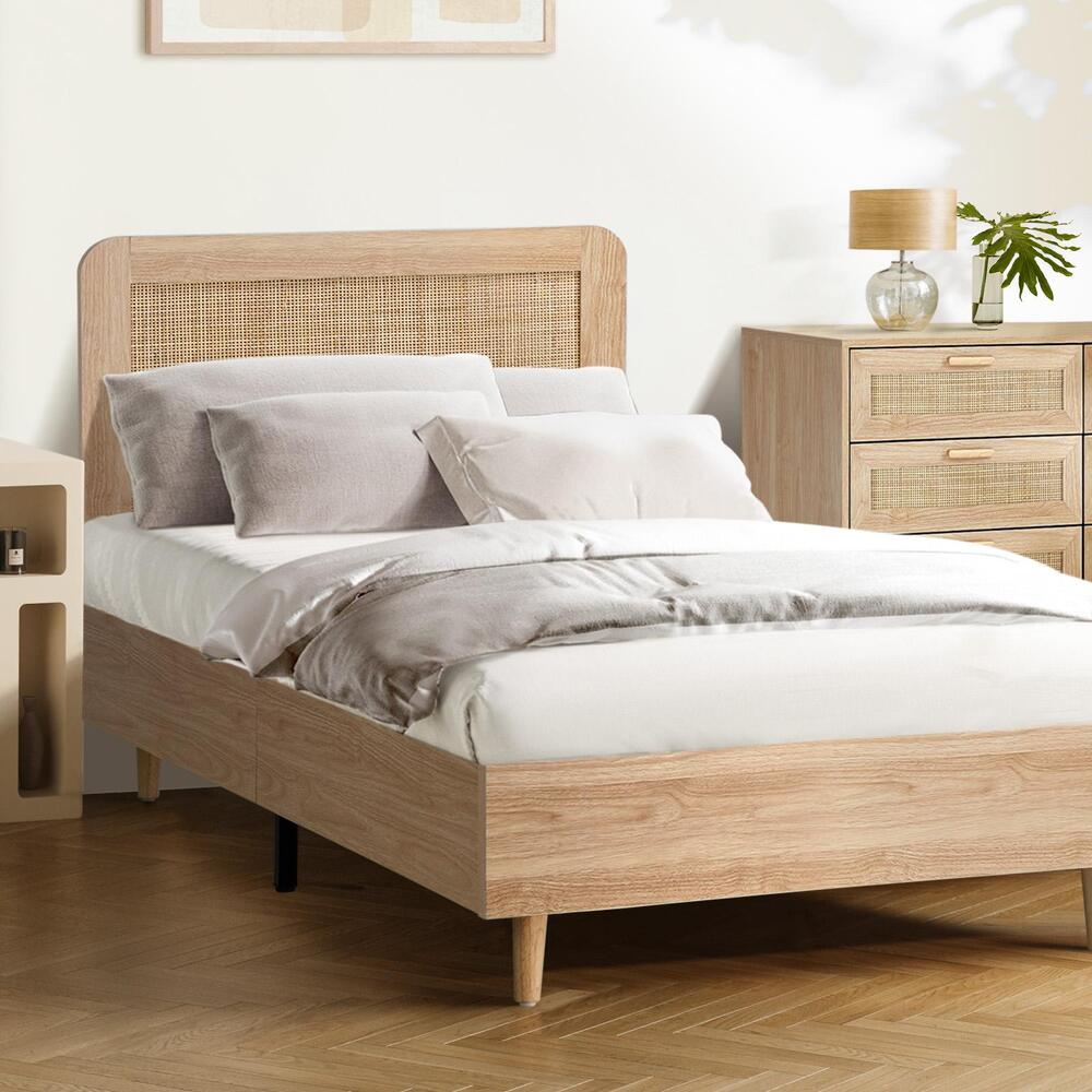 NNEED Wooden Bed Frame King Single Rattan Headboard-3
