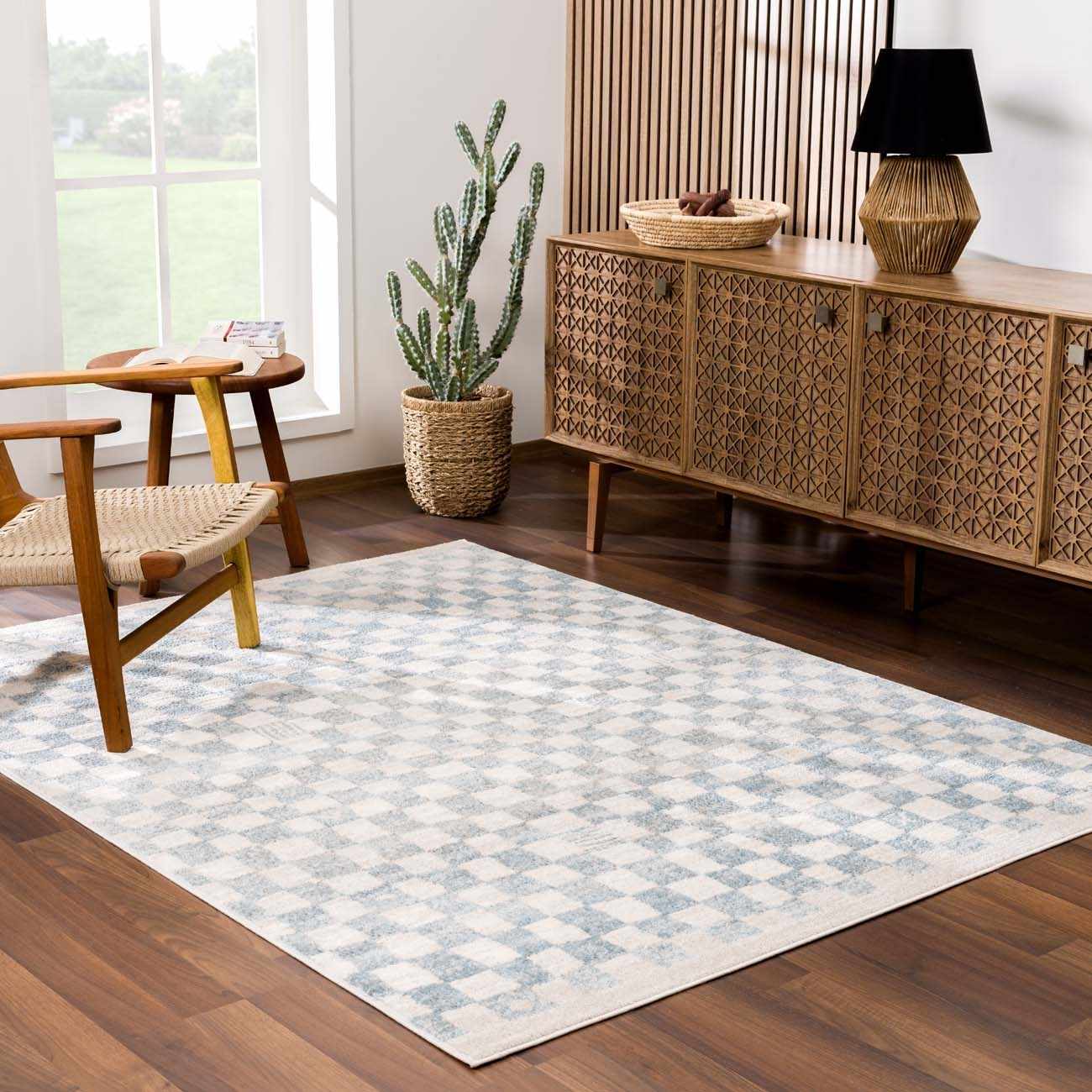 Benjy Cream & Light Blue Checkered Area Rug-2