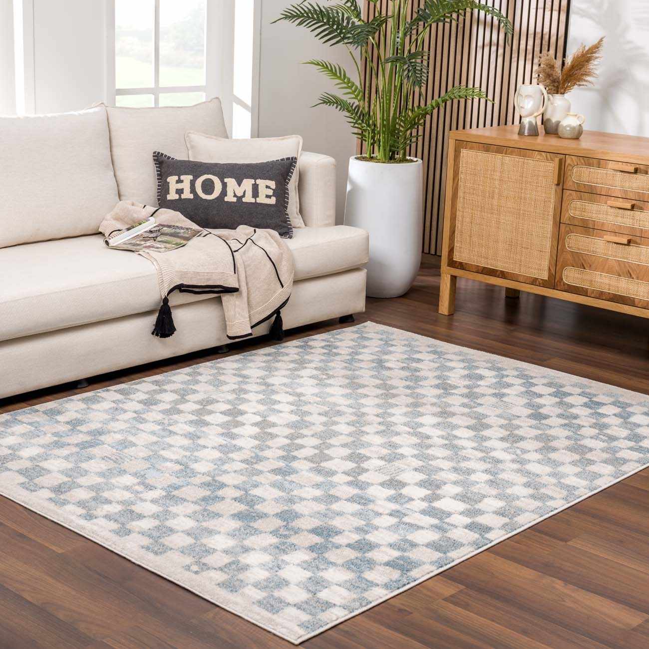 Benjy Cream & Light Blue Checkered Area Rug-1