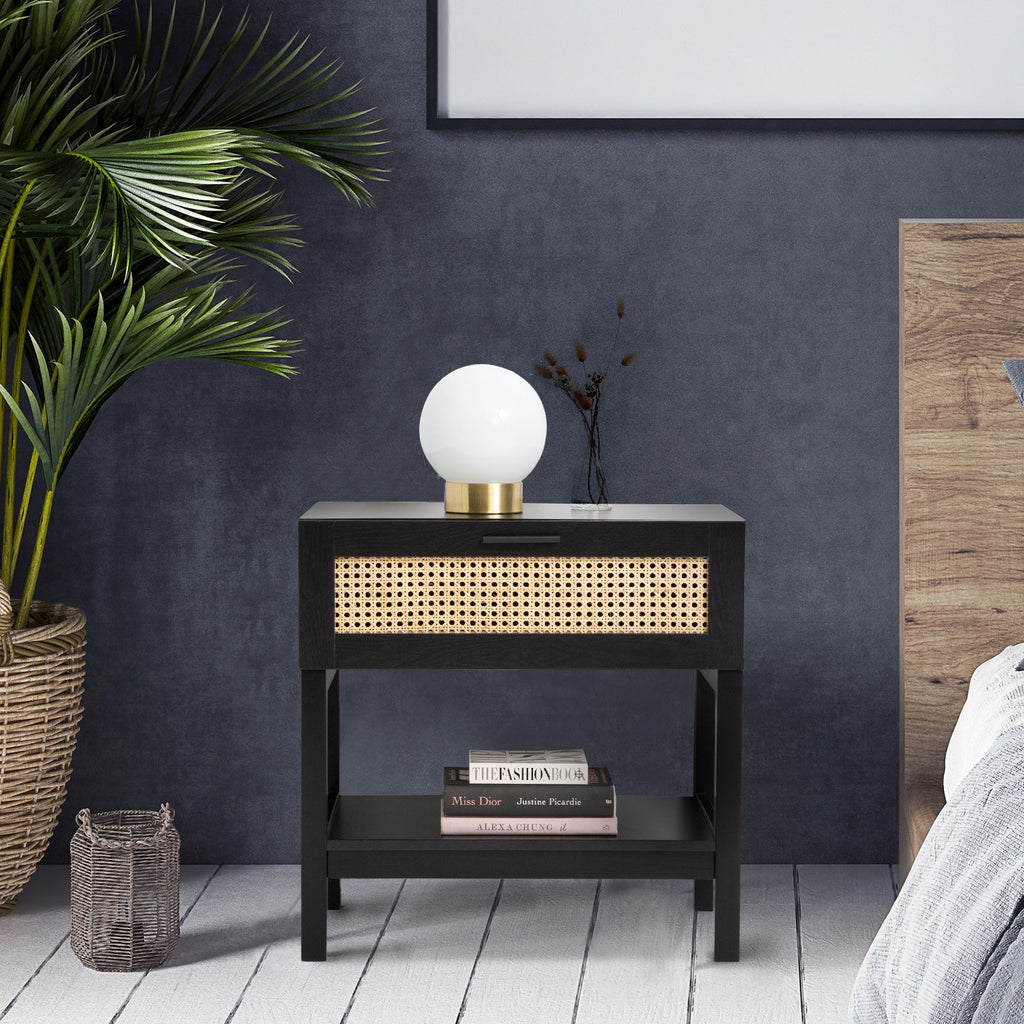 NNEDSZ Decor Tulum Rattan Bedside Table Drawers Table Nightstand Cabinet Black-1