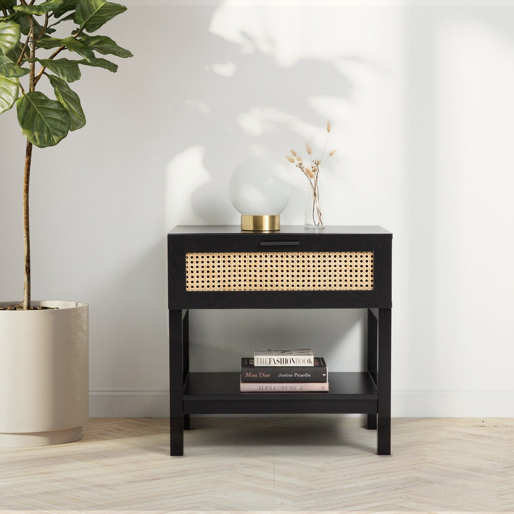 NNEDSZ Decor Tulum Rattan Bedside Table Drawers Table Nightstand Cabinet Black-2