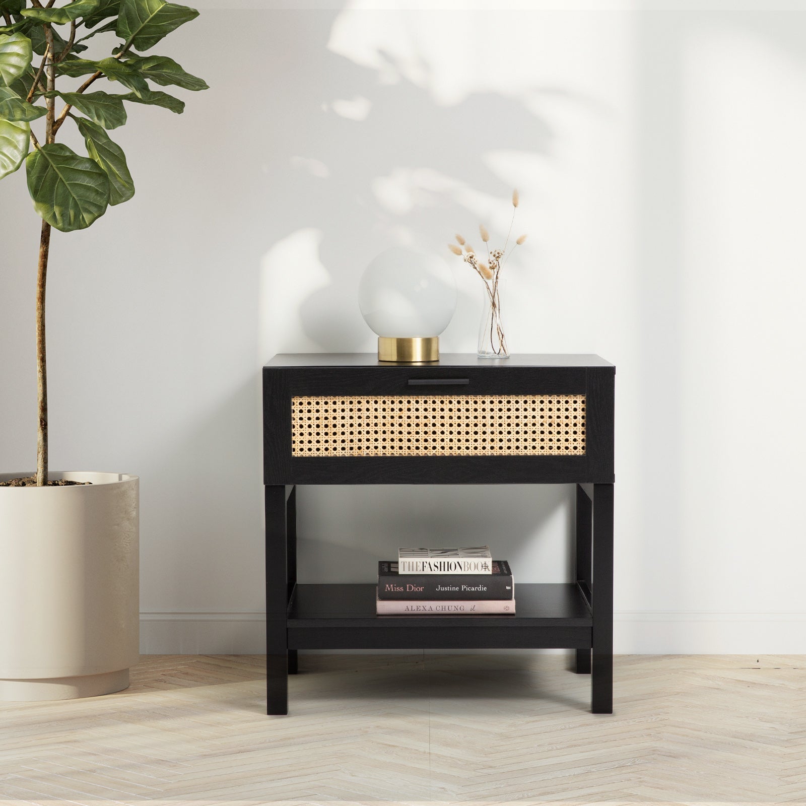 NNEDSZ Decor Tulum Rattan Bedside Table Drawers Table Nightstand Cabinet Black-2