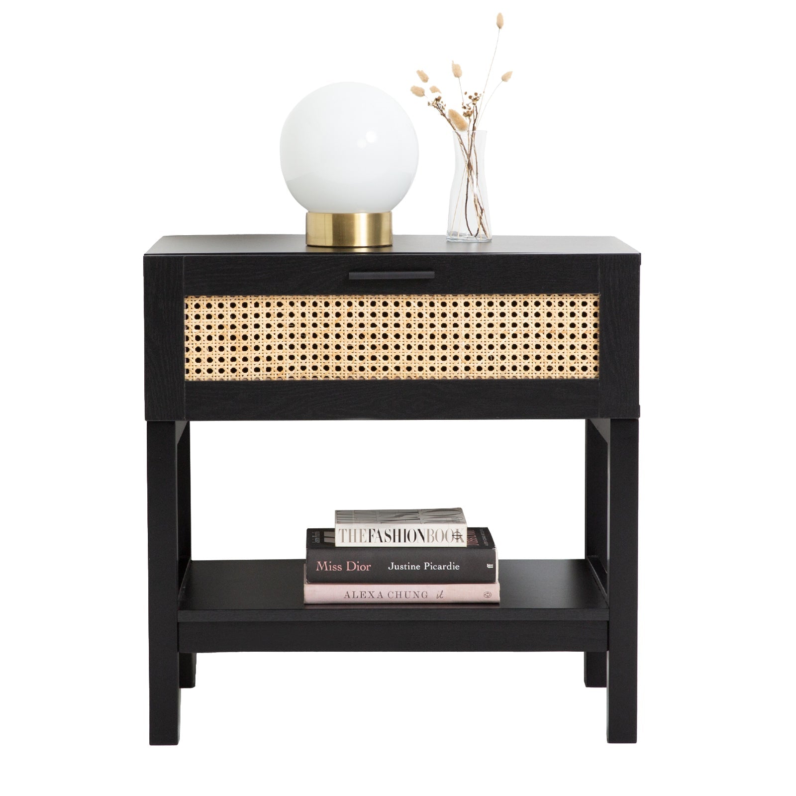 NNEDSZ Decor Tulum Rattan Bedside Table Drawers Table Nightstand Cabinet Black-0