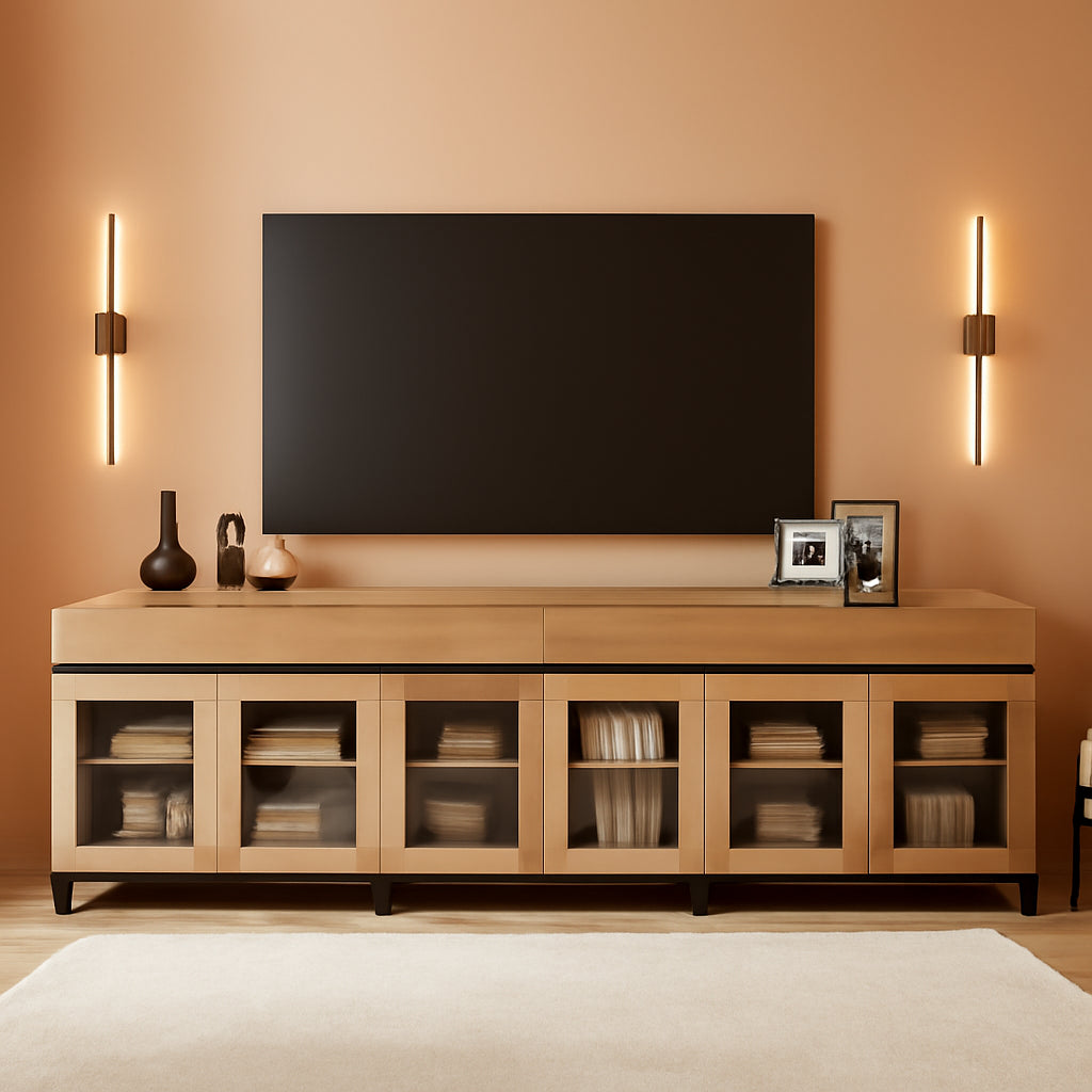 Oak TV Stand With Glass Doors Entertainment Console Center-0