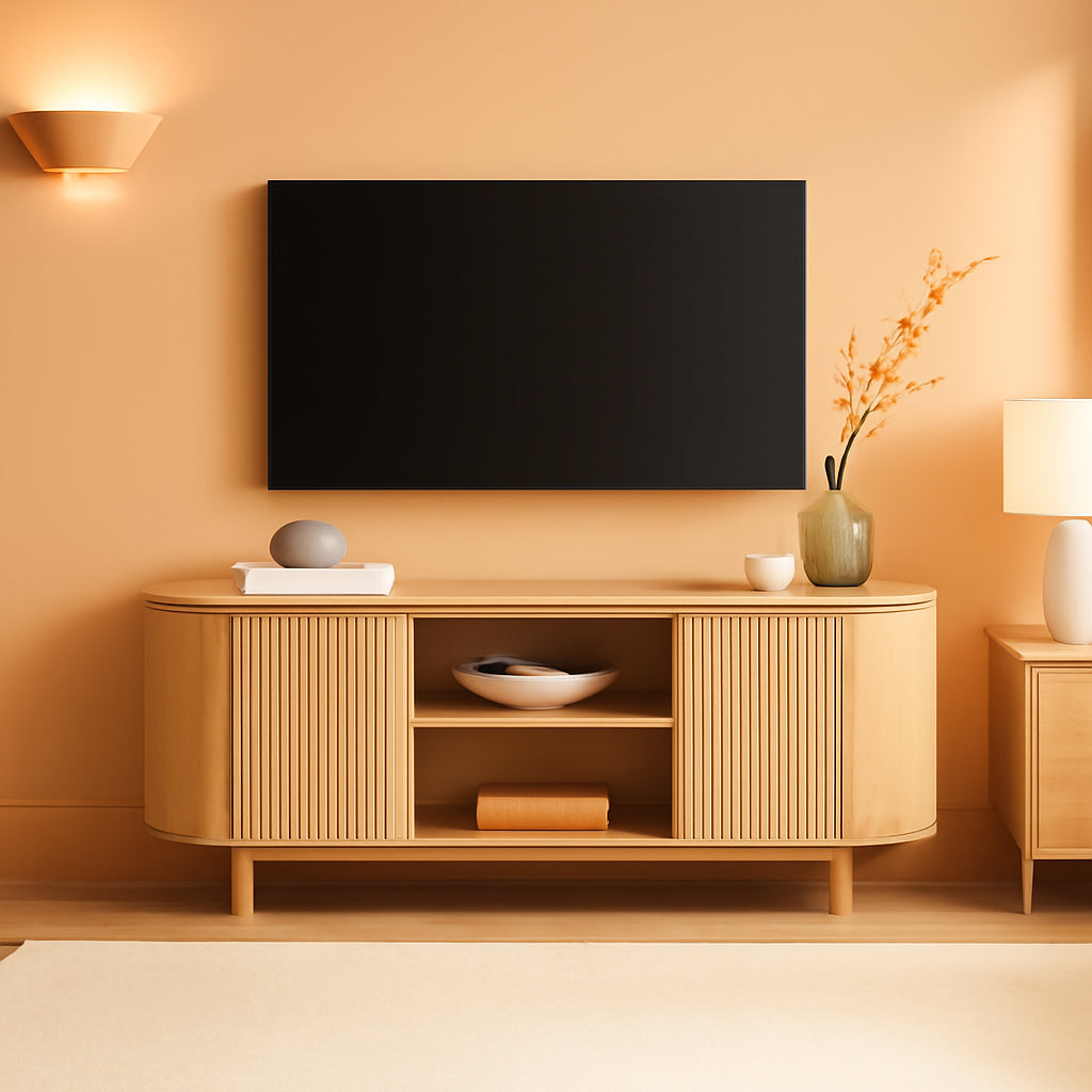 Sixty FiveInch Curved Premium Coastal Oak Finish TV Stand-0