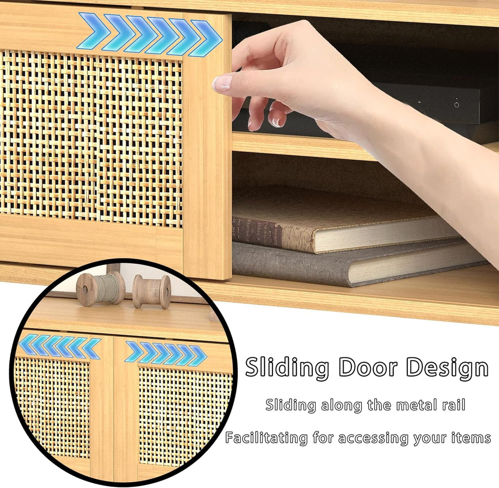55-65 Inch Boho Rattan TV Stand Sliding Cabinet Doors-3