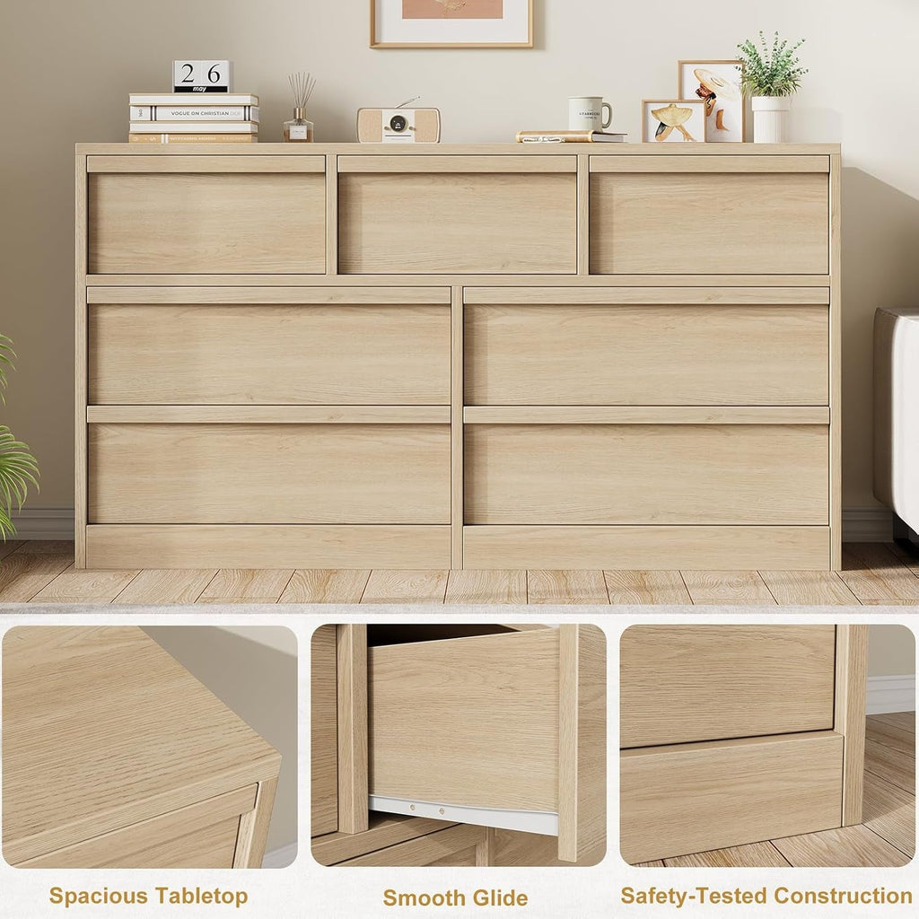 54 Inch Premium Oak Finish Seven Drawer Solid Wood Storage Top Dresser-4