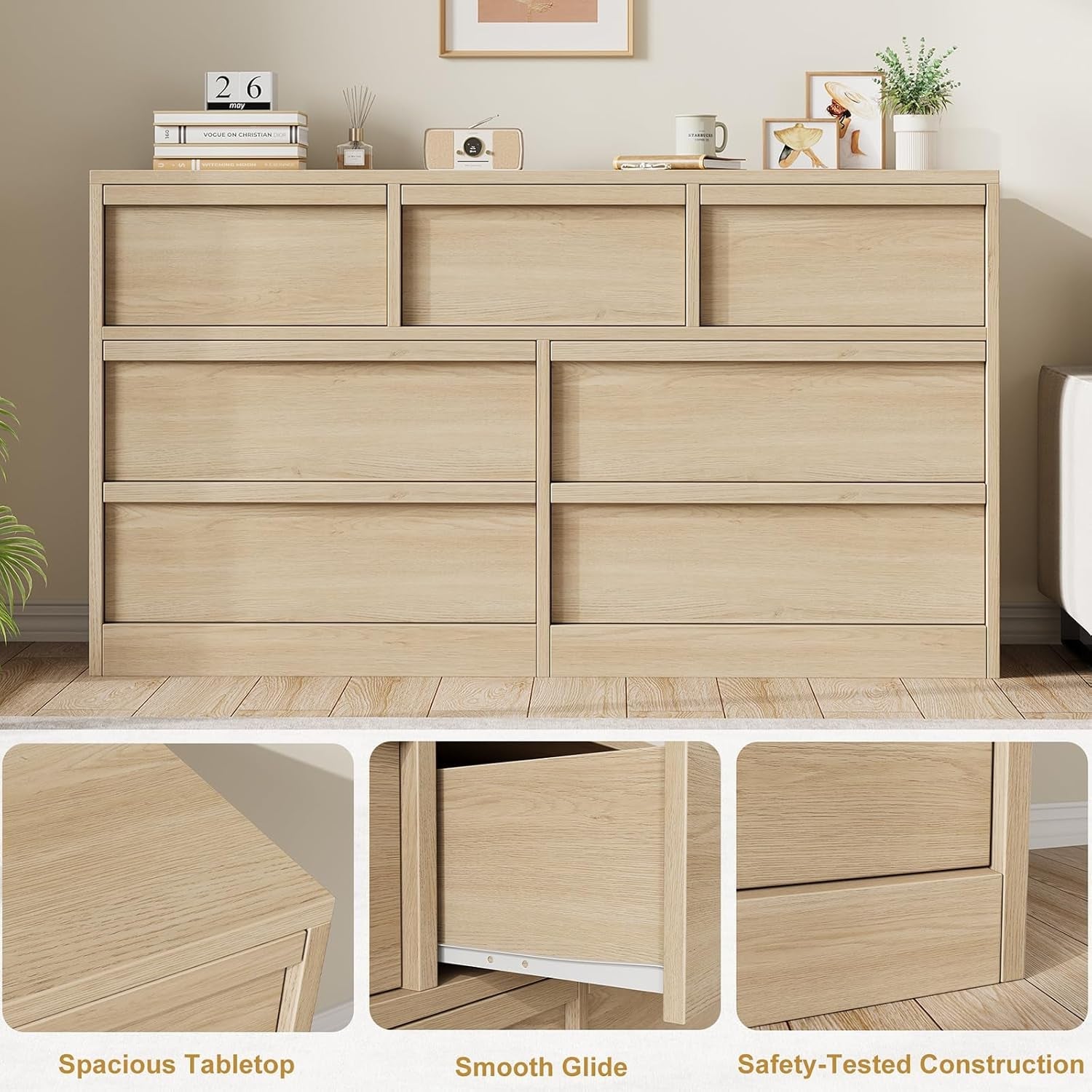 54 Inch Premium Oak Finish Seven Drawer Solid Wood Storage Top Dresser-4