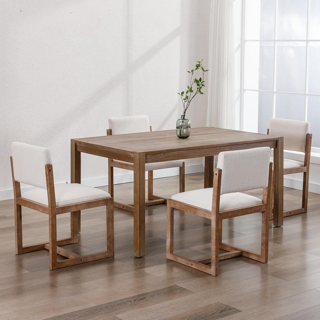 Beige Linen Upholstered Dining Chairs Midcentury Pair-2