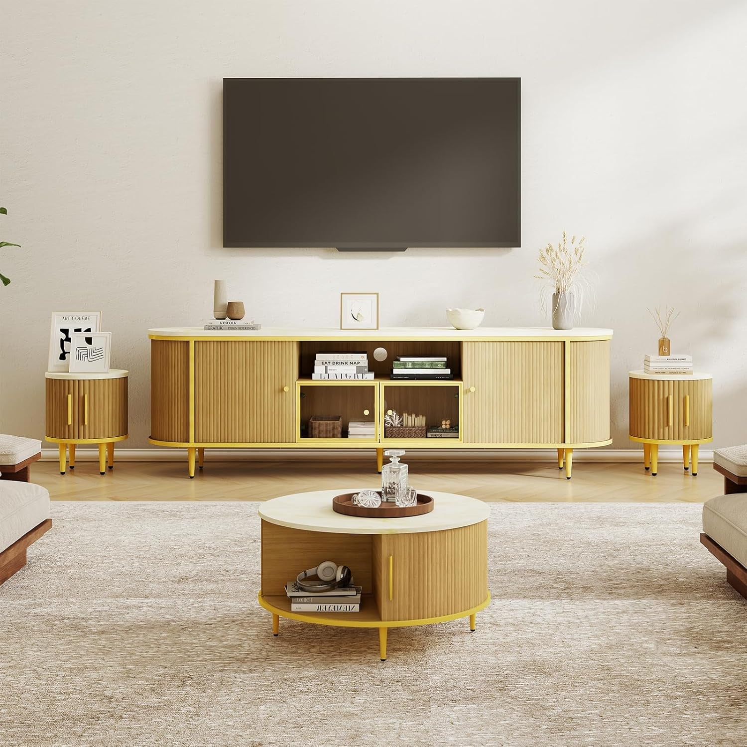 Fluted SeventyInch TV Console Set Premium Wood Coated Edition-2