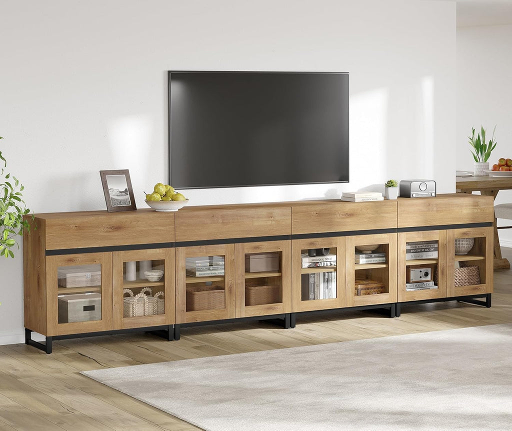Oak TV Stand With Glass Doors Entertainment Console Center-4