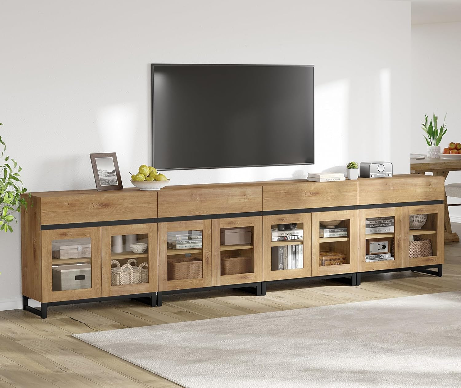 Oak TV Stand With Glass Doors Entertainment Console Center-4