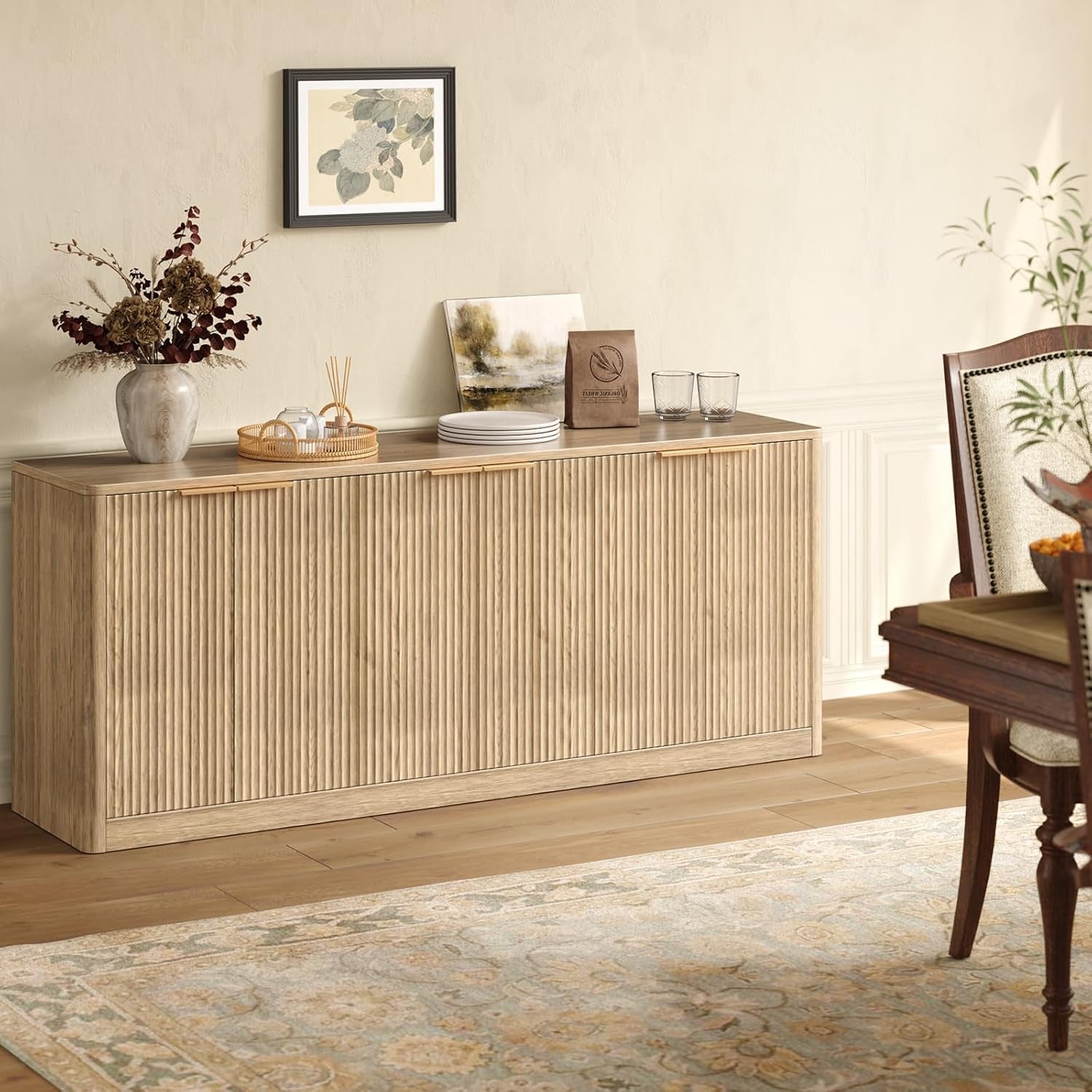 SixtySeven Inch Solid Oak Finish Fluted TV Stand Cabinets-2