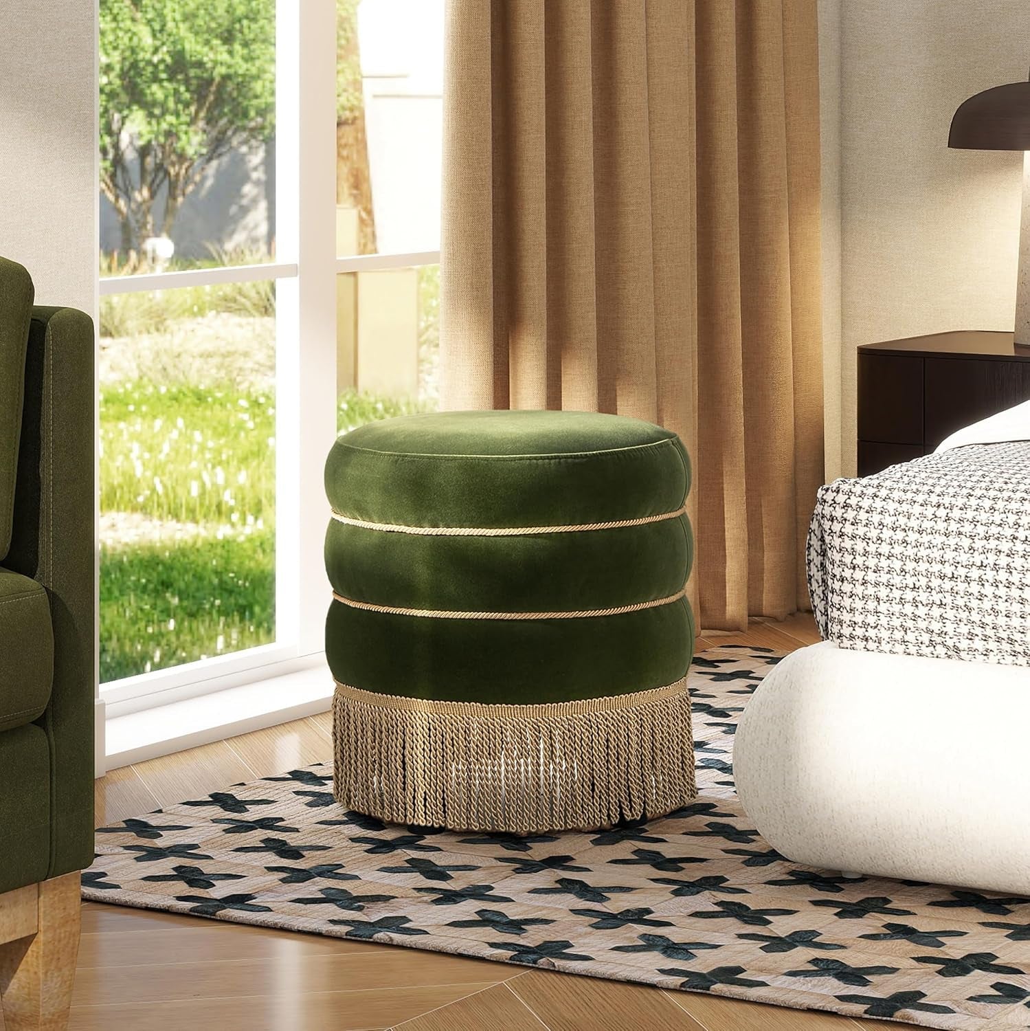 Olive Performance Velvet Round Ottoman With Fringe-1