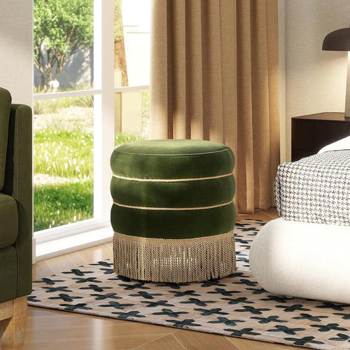 Olive Performance Velvet Round Ottoman With Fringe-1
