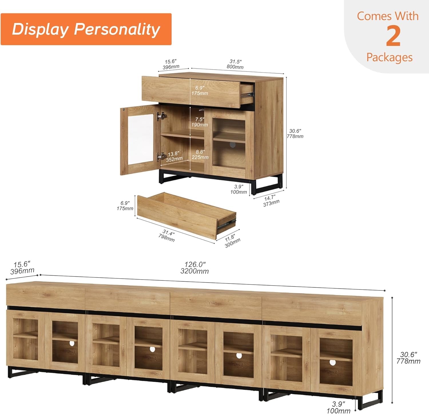 Oak TV Stand With Glass Doors Entertainment Console Center-1