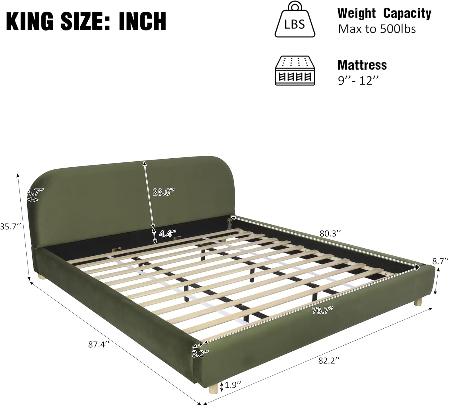 King Size Olive Green Boucle Upholstered Platform Bed-1